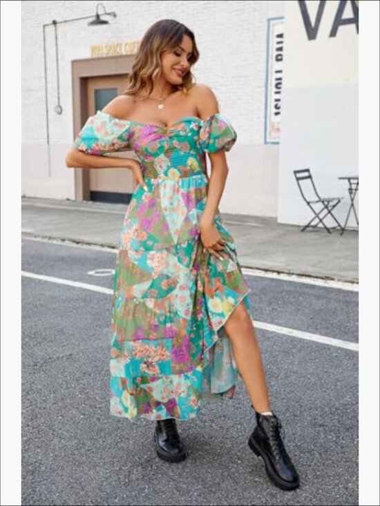 Dresses & Skirts - Womens Floral Maxi Dress V Neck Puff Sleeve Bohemian Casual Summer Bloomcore